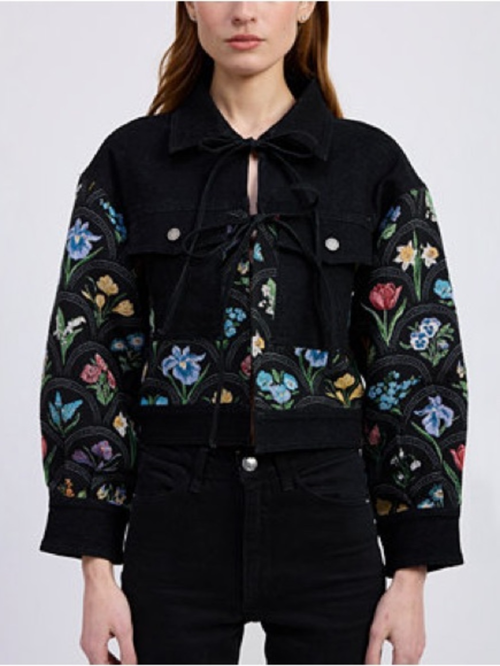 En Saison Black Floral Embroidered Cropped Jean Jacket